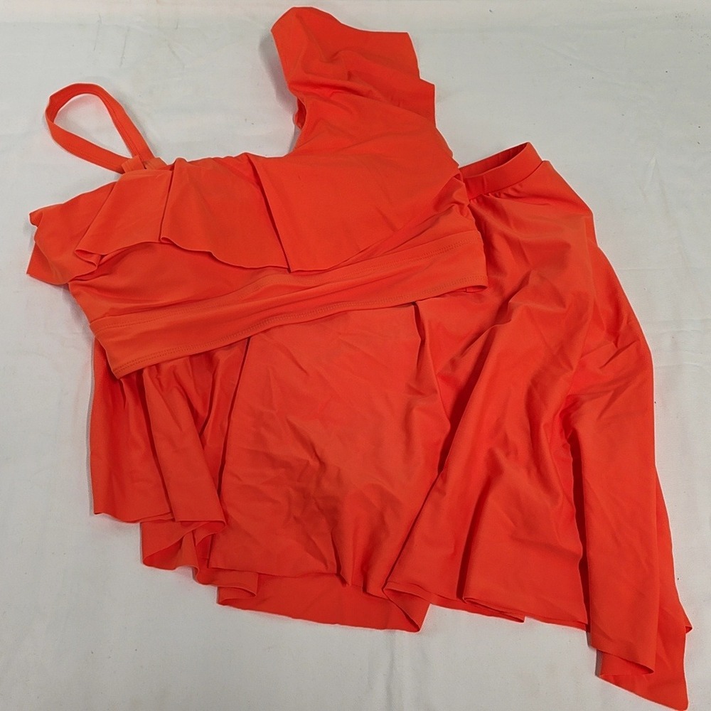 Torrid Swimsuit Set Womens 0/1 Orange One Shoulder Ruffle Top & Swim Skirt 2pc